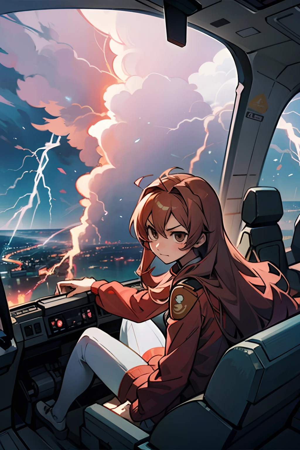 Pilote du Taïga Aisaka F 35, Taïga Aisaka de l&#39;anime Toradora, à l&#39;intérieur d&#39;un cockpit d&#39;un avion de chasse modèle F 35. Foudre extérieure, des éclairs, des nuages orageux, combat aérien,