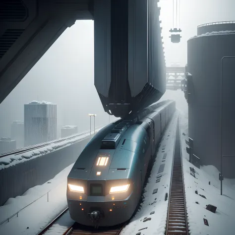 Immensely long sci futuristic cyberpunk freight train running along a maglev track in a blizzard snow. Inspired by snowpiercer’s engine. Camera view from side