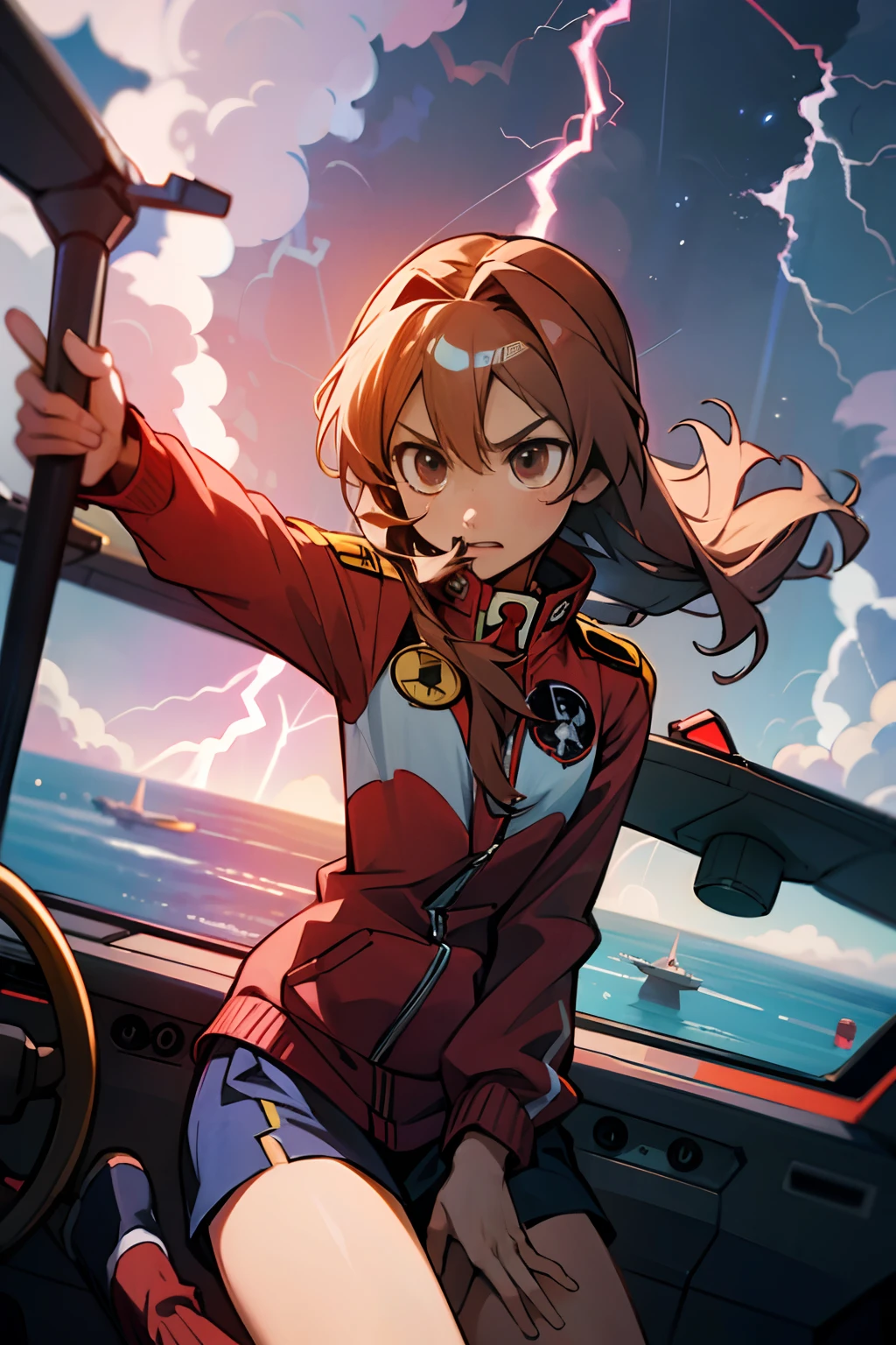 Taiga Aisaka F 35 pilot, Taiga Aisaka aus dem Anime Toradora, im Cockpit eines Kampfflugzeugs vom Typ F 35. Außenbeleuchtung, thunderbolts, Sturmwolken, Luftkampf,