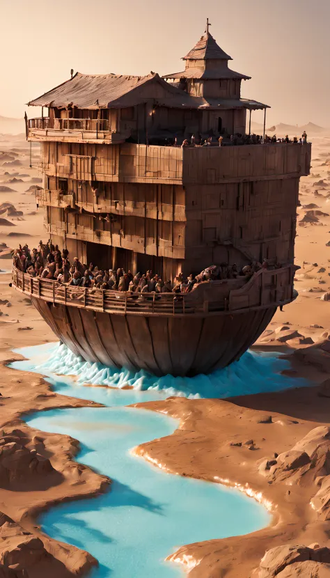 (8k masterpiece, raw photo, best quality:1.2), ((noah's ark:1.5)) constructed of chocolate, sitting on top of a huge (sherbert g...