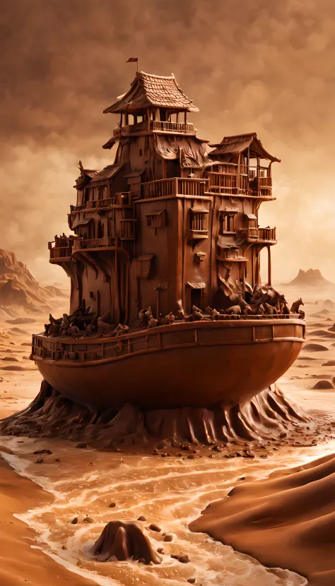 (8k masterpiece, raw photo, best quality:1.2) noah's ark constructed of chocolate, sitting on top of a huge water geyser in the ...