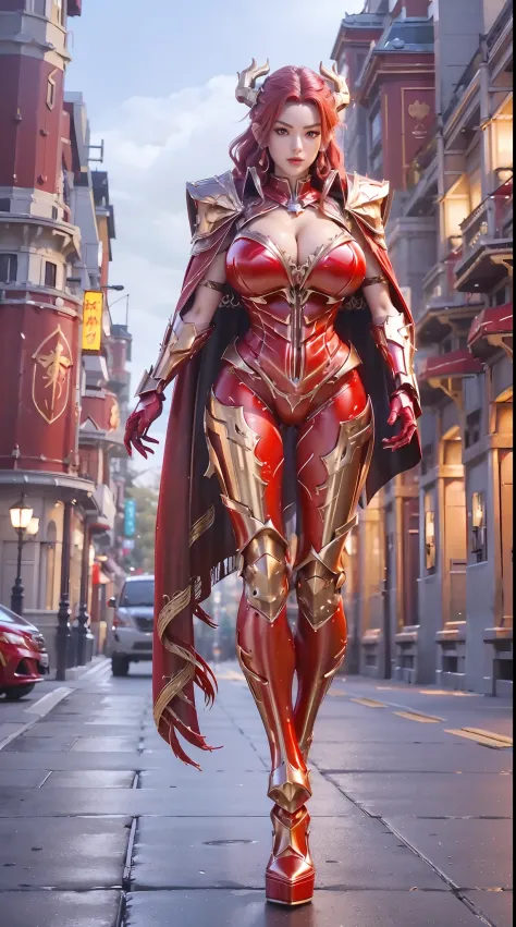 1GIRL, SOLO, (hair gold ornament), (HUGE FAKE BOOBS:1.3), (red), (DRAGON MECHA BATTLE ARMOR SUIT, ROYAL CAPE, CLEAVAGE, SKINTIGHT YOGA PANTS, HIGH HEELS:1.5), (GLAMOROUS BODY, SEXY LONG LEGS, FULL BODY:1.5), (FROM FRONT, LOOKING AT VIEWER:1), (WALKING DOWN...