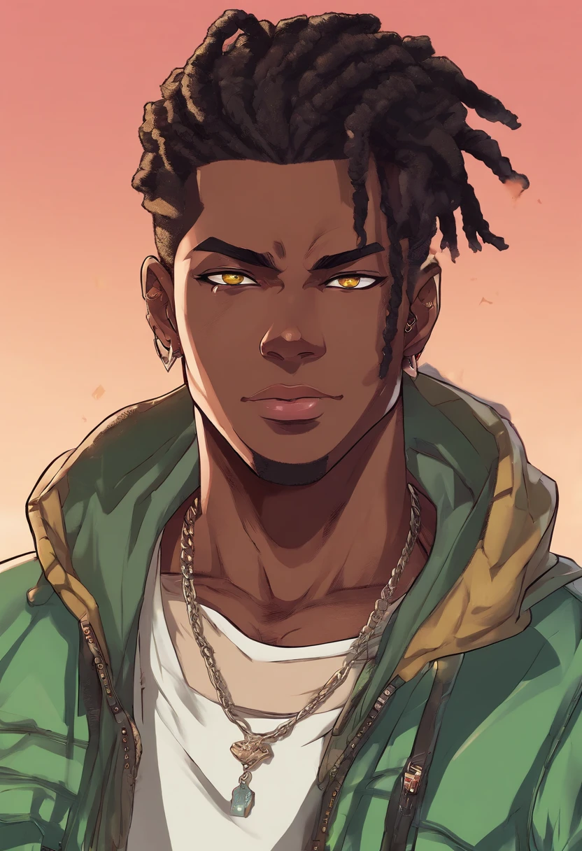 A drawing of a young man with dreadlocks and a green jacket - SeaArt AI