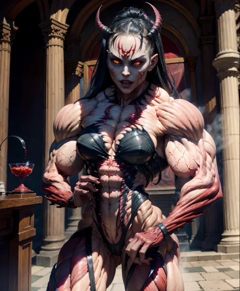 (1 girl), (spread legs:1.25), (demoness with beautiful face:1.25),(1 super muscular succubus with flayed skin:1.5), (carnage physique:1.5), (covered in thick muscle suit:1.5), (exposed perfect anatomy:1.5), (carnage muscle anatomy:1.5), high detail, best q...