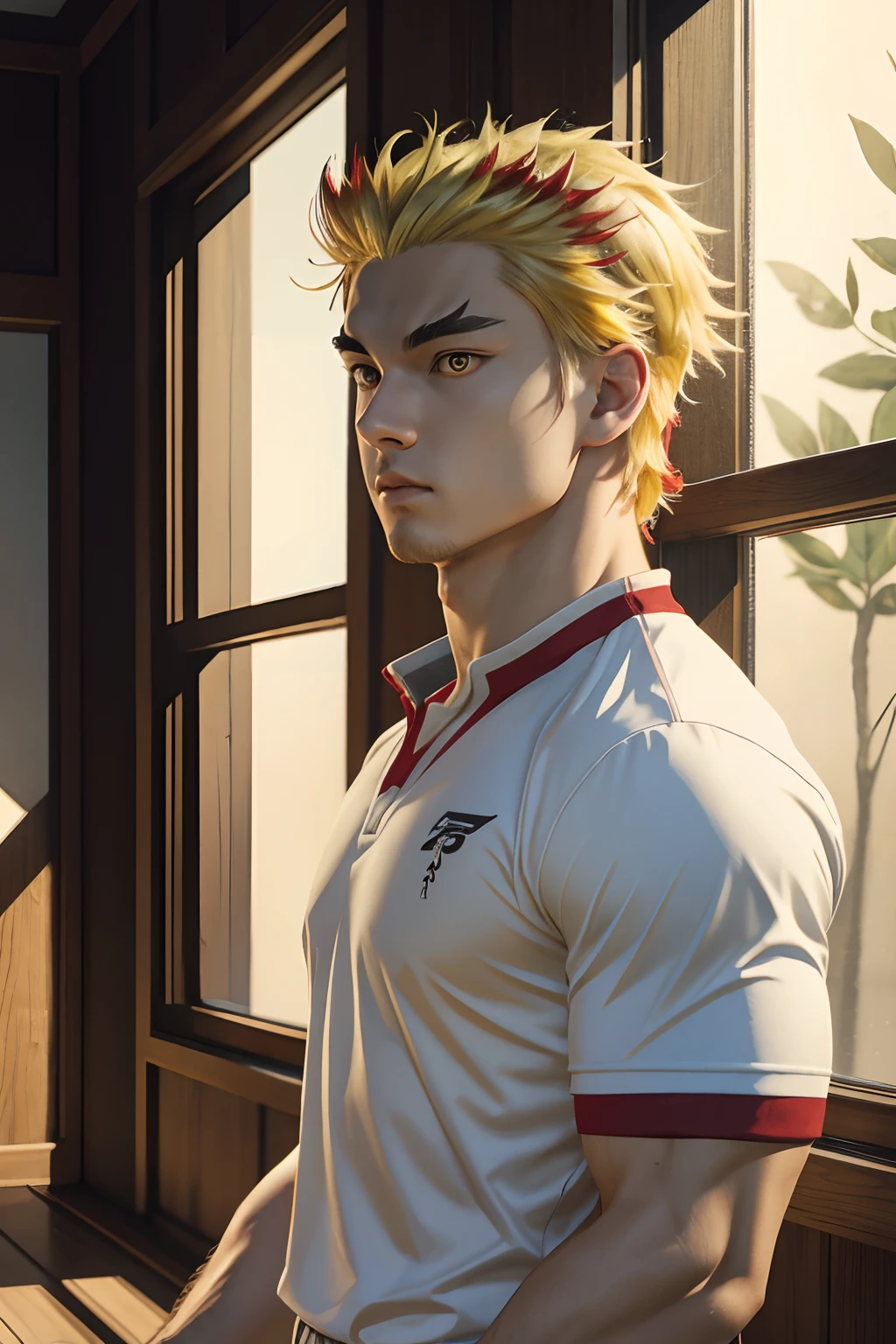 masterpiece, best quality, game cg, 1boy, solo, male focus, looking at viewer, upper body, , Kyujuro Rengoku, yellow hair, red eyes, rugby shirt, , ,