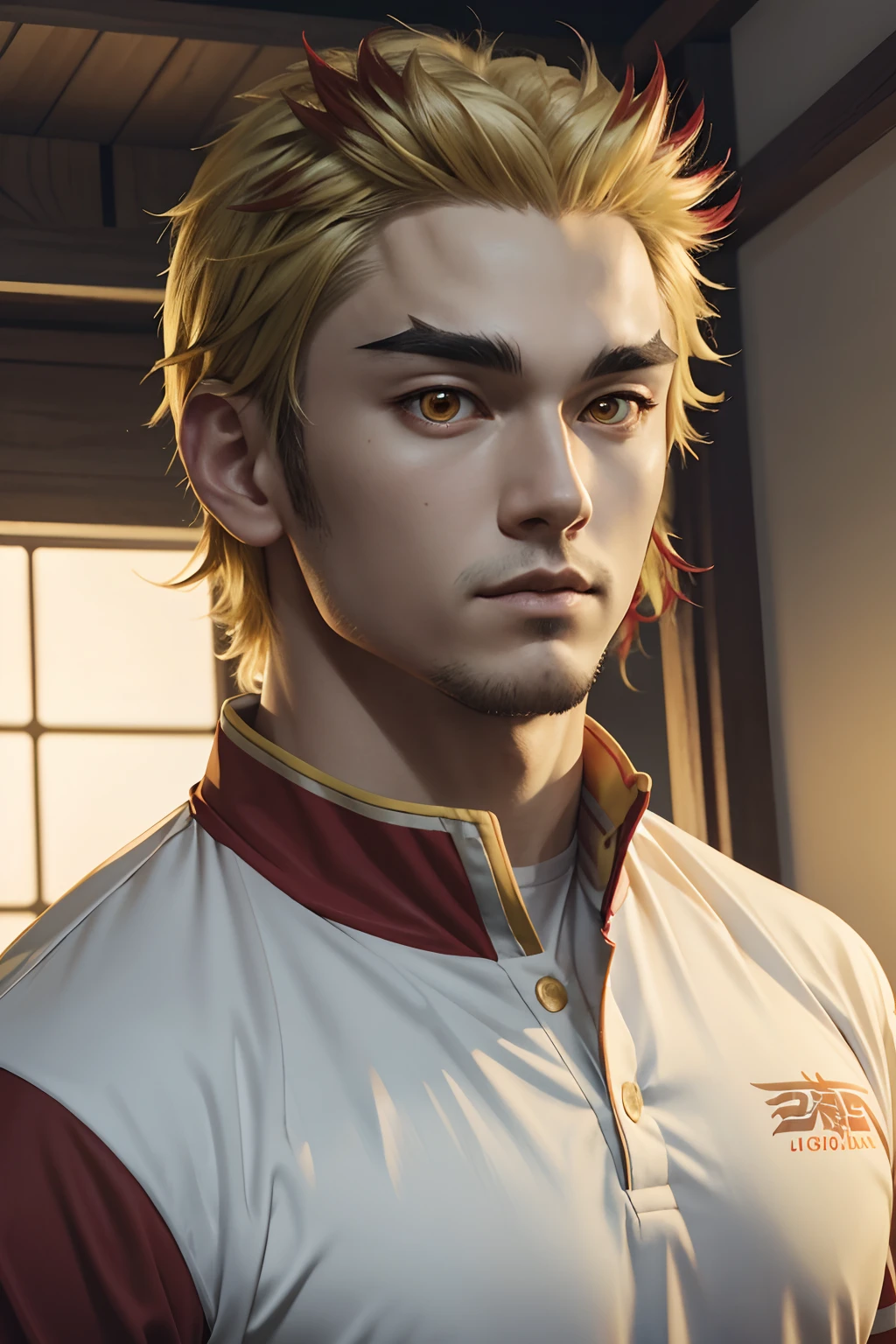 masterpiece, best quality, game cg, 1boy, solo, male focus, looking at viewer, upper body, , Kyujuro Rengoku, yellow hair, red eyes, rugby shirt, , ,