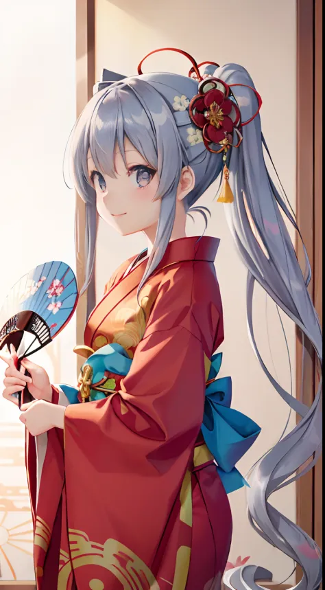 masutepiece, 超A high resolution, Cute Girl, A half body, Chinese ancient style, gray long hair, Red kimono, long hair flowing, double ponytails, Flower Embellishment, Blue eyes, Hairpin, Cute little loli, Cute Cute, Thick Paint, Gentle smile, Holding a fan