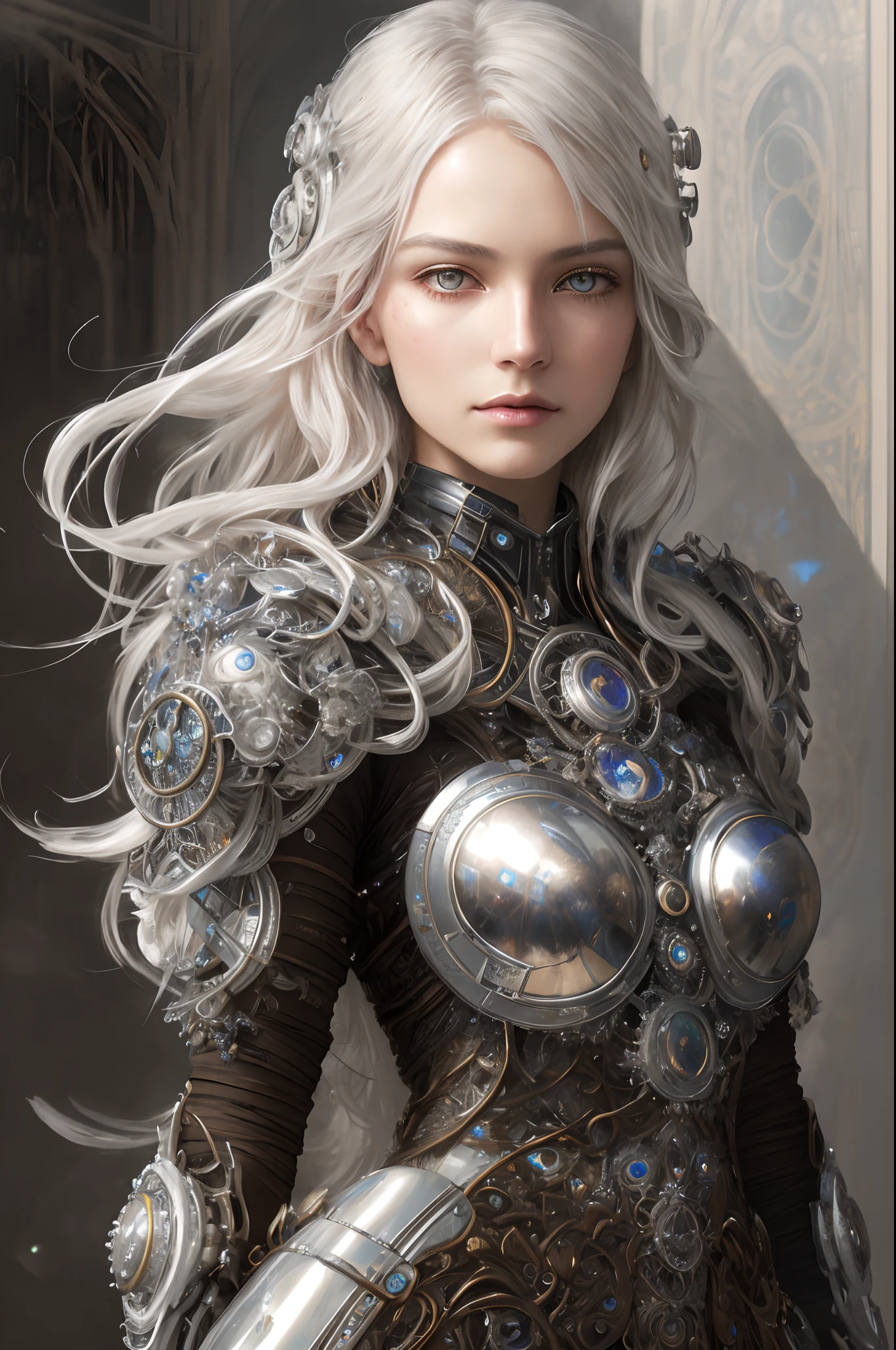 Retrato de un hermoso cyborg con cabello plateado de 8k, Pelo despeinado, vista frontal, Intrincado, elegant, detallado, majestuoso, Fotografía digital, artgerm y obras de arte de Ruan Jia y Greg Rutkowski, pintura surrealista, filigrana, vidrio roto, (obra maestra, luz lateral, Ojos marrones delicadamente hermosos: 1.2), hdr, vista frontal completa