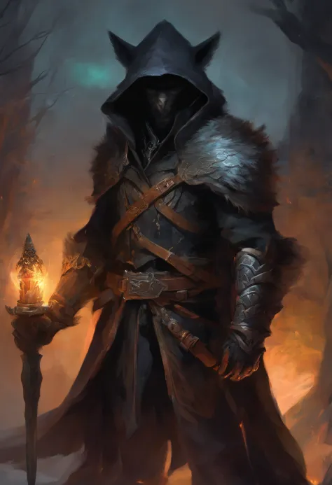 Front, close portrait, werewolf form, male, rogue, dagger, malevolent, hiding, dungeon, black hood, light armor, black witch hunter hat