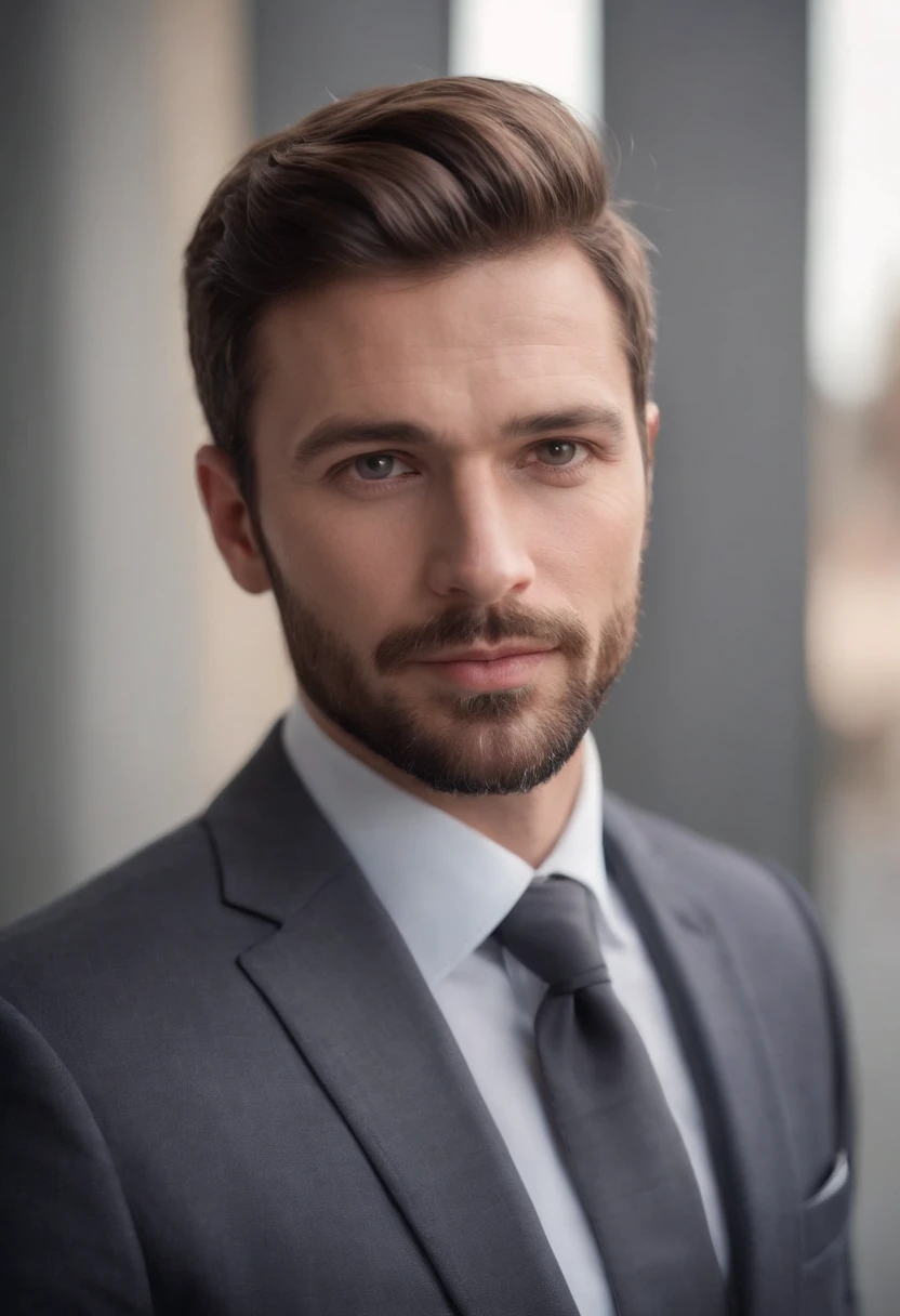 Un homme athlétique très beau et athlétique, avec des cheveux courts bruns et une barbe de trois jours, portant un costume d'affaires bon marché.