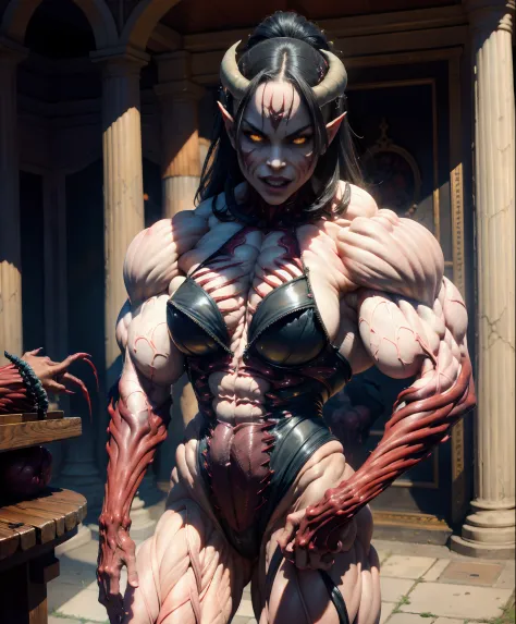 (1 girl), (spread legs:1.25), (demoness with beautiful face:1.25),(1 super muscular succubus with flayed skin:1.5), (carnage physique:1.5), (covered in thick muscle suit:1.5), (exposed perfect anatomy:1.5), (carnage muscle anatomy:1.5), high detail, best q...