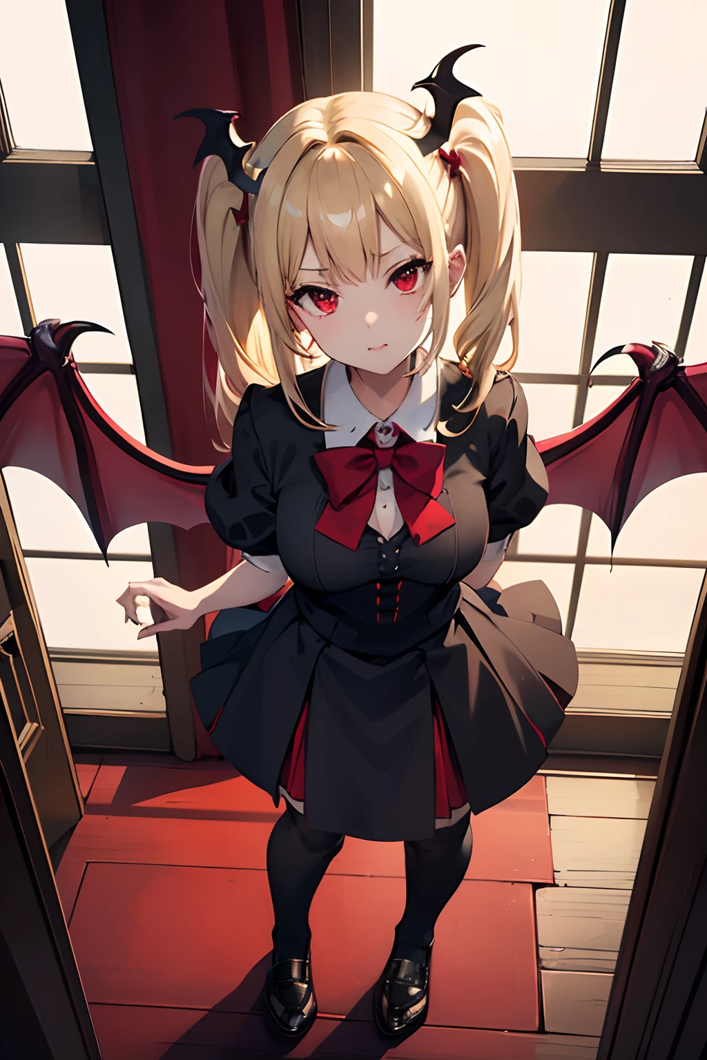 Anime girl with bat wings and a black dress standing in a doorway - SeaArt  AI