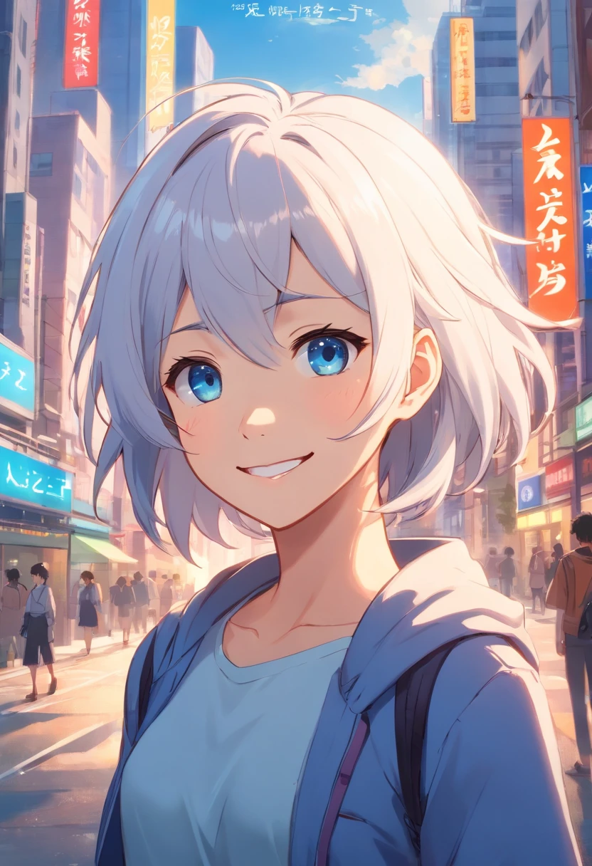 A girl, white hair, blue eyes, valkyrie from heaven, light armor, smile, happy, stunning, beautiful, transformed into an anime style, with exaggerated unique facial features and clothing, standing on a bustling city street, backlit background highlighting the subject, high-contrast colors, 4K high-definition quality，young, smiling, handsome