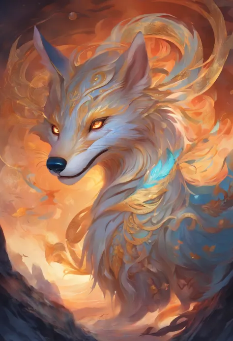 mythological creatures，（（Chinese mythology of the nine-tailed fox）），Traditional Chinese elements，Ancient murals，Illustrative myths，Fuyao Legend，Dappled light，Hazy haze，mystical aura，tmasterpiece，k hd，Rich in color，Detailed details，Seven colors