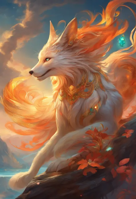 mythological creatures，（（Chinese mythology of the nine-tailed fox）），Traditional Chinese elements，Ancient murals，Illustrative myths，Fuyao Legend，Dappled light，Hazy haze，mystical aura，tmasterpiece，k hd，Rich in color，Detailed details，Seven colors