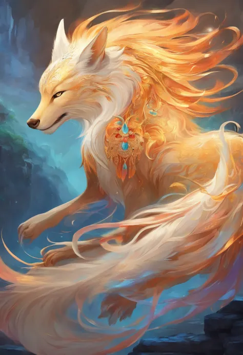 mythological creatures，（（The nine-tailed fox in Chinese mythology）），Traditional Chinese elements，Ancient murals，Illustrative myths，Fuyao Legend，Dappled light，Hazy haze，mystical aura，tmasterpiece，k hd，Rich in color，Detailed details，Seven colors