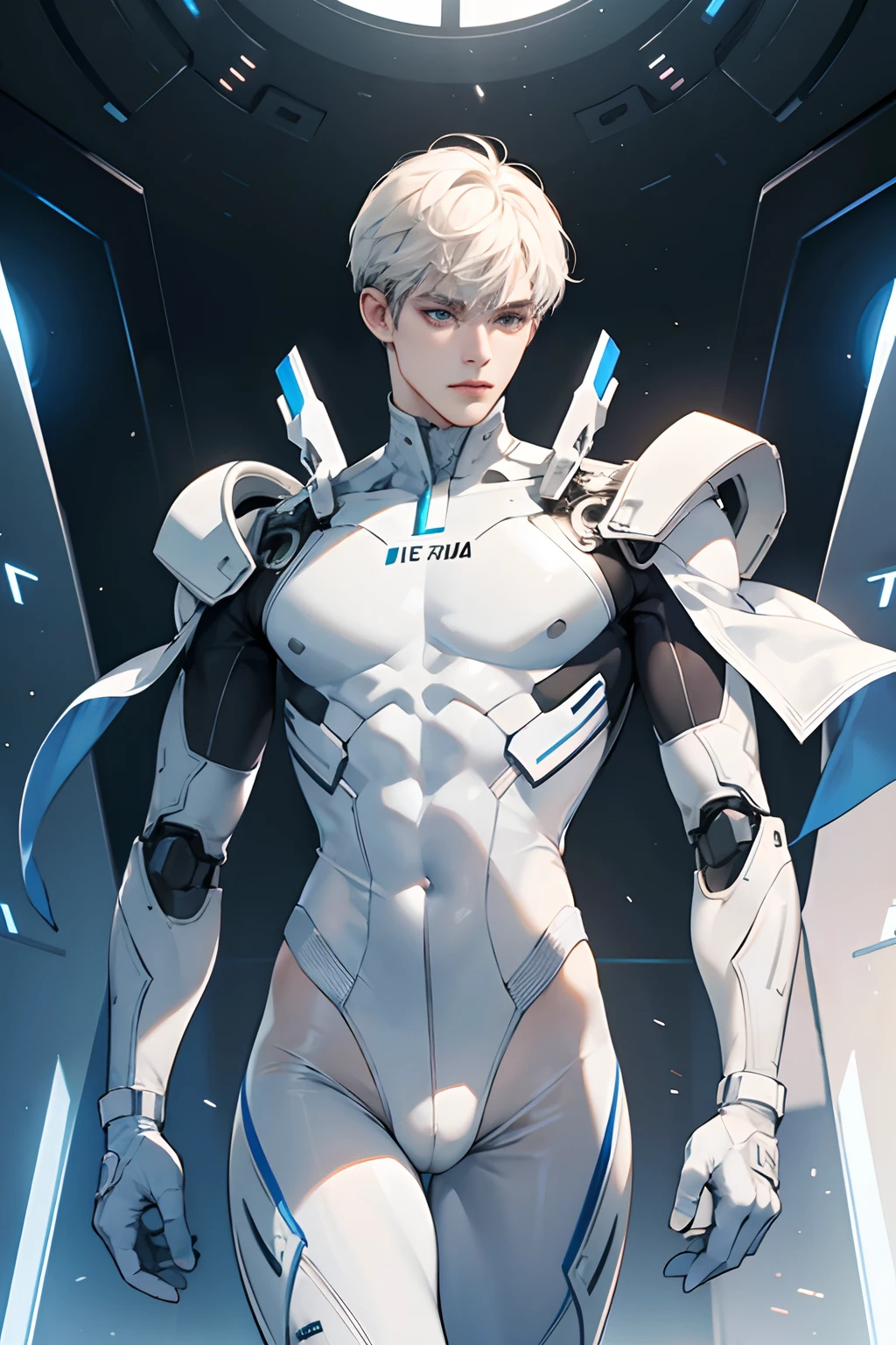 (masterpiece,high resolution,ultra - detailed:1.0),1(boy,robot boy),Perfect male body,Look at the camera,Delicate eyes and delicate face,Extremely detailed CG,Unity 8k wallpaper,Complicated details,solo person,Detailed face, (white futuristic skin tight body suit), (futuristic), (toned body with bulge) color difference, Depth of field,dramatic shadow,Ray tracing,Best quality, hands visible, (white gloves), two males