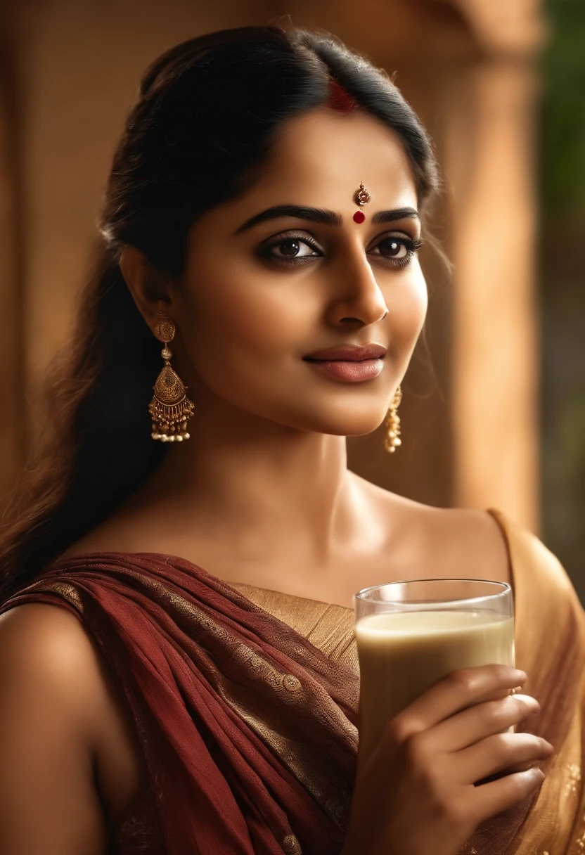 Anusha in a sari sari holding a glass of milk - SeaArt AI