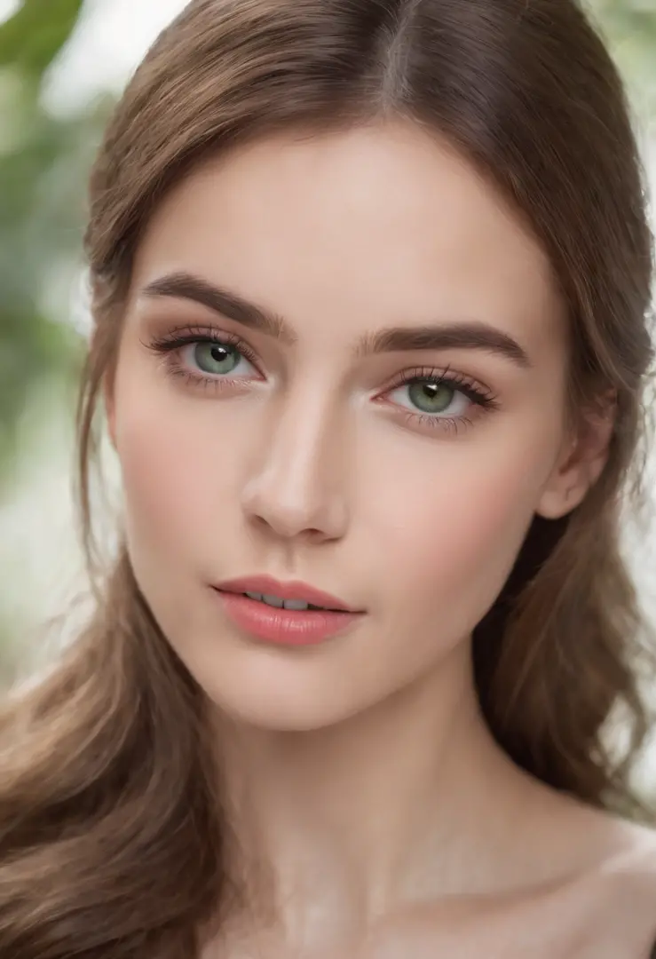 This portrait depicts a young woman with, superimposed brown hairs. She wears a light-colored top and has her lips painted in a bright pink lipstick.......... Her emerald green eyes are framed by dark eyeliner and mascara, while his eyebrows have been care...
