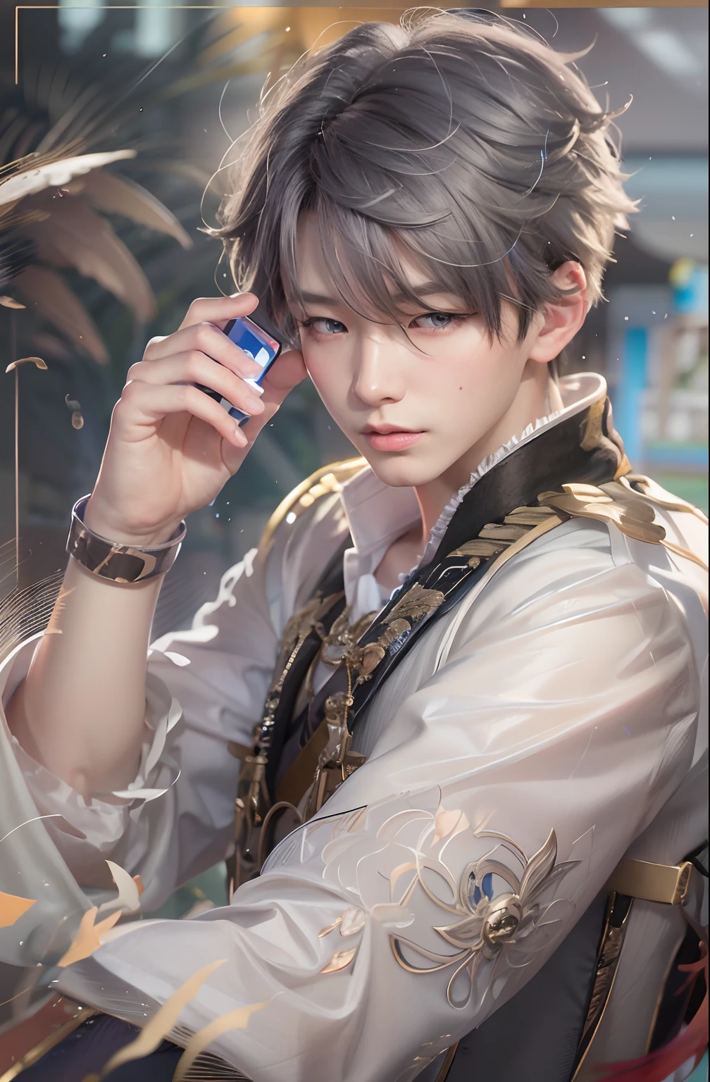 a boy with blue eyes and a white shirt holding a cell phone, artwork in the style of guweiz, inspired by Bian Shoumin, by Yang J, handsome guy in demon slayer art, inspired by Yanjun Cheng, guweiz on pixiv artstation, beautiful androgynous prince, delicate androgynous prince, guweiz on artstation pixiv