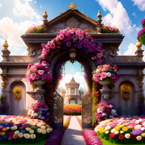 photo (FlowerGateway style:1) the entrance to a palace with lots of flowers growing out of it