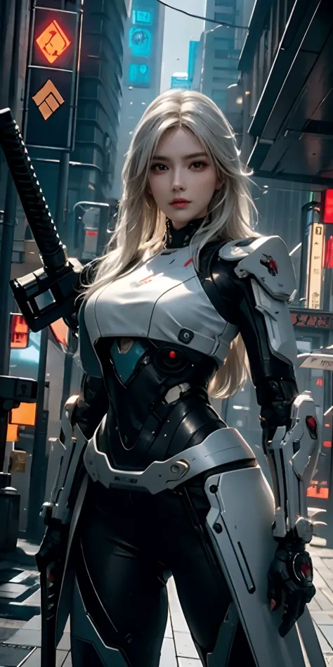 photorealistic, high resolution, soft light,1women, solo, hips up, (detailed face),white long hair, cybersamurai, cyborg, cyberp...