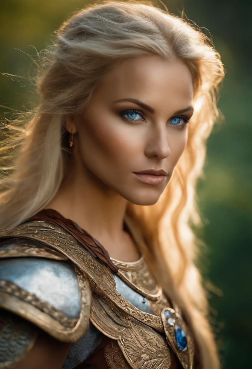 Nordic warrior Goddess, blonde hair, fierce blue eyes, showing her nude body