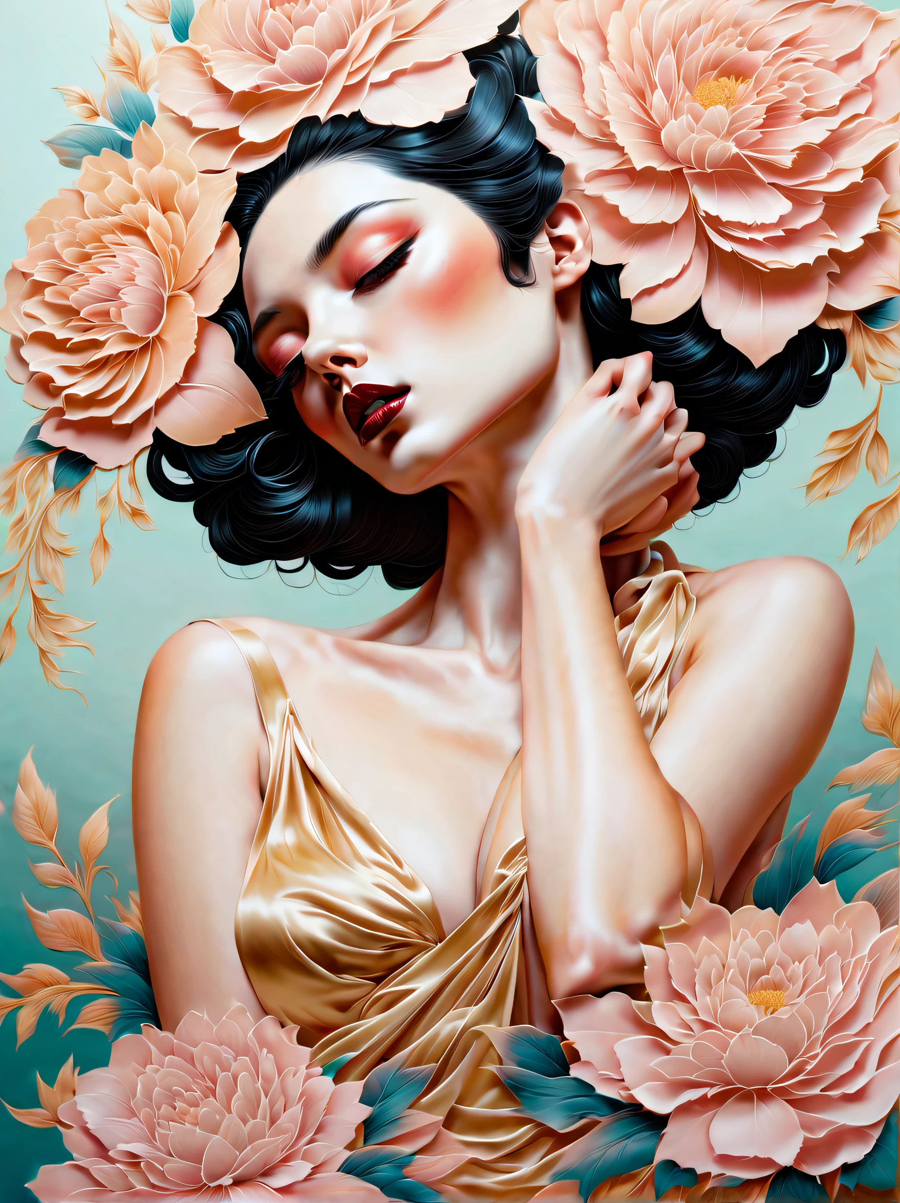 técnica de claroscuro en la sensual ilustración de un elegante , retro y vintage ,flor sedosa alrededor del cuerpo, pintura mate, por Hannah Dale, por Harumi Hironaka, colores extremadamente suaves, vibrante, pastel, muy detallado, Obras de arte digitales, alto contraste, dramático, refinado, tonal, proporción áurea