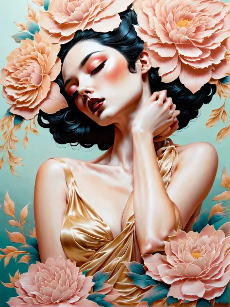 chiaroscuro technique on sensual illustration of an elegant , retro and vintage ,silky flower around body, matte painting, by ha...