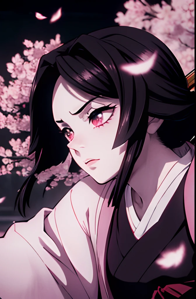 (best quality,4k,8k,highres,masterpiece:1.2), ultra-detailed, realistic:1.37, nezuko kamado, demon slayer art style, vivid colors, intense lighting, beautiful detailed eyes, beautiful detailed lips, flowing black hair, fierce expression, kimono attire, sakura blossoms, glowing demon mark, haunting atmosphere, dynamic pose, sharp shadows, sakura petal particles, traditional Japanese setting, mesmerizing background, traditional ink brush strokes, dramatic tension, action-packed scene, vibrant reds, deep blacks, subtle color gradients, ethereal beauty, anime-inspired, dark and mysterious ambiance, impressive visual effects, shadowy figures, katana weapon, dynamic motion lines, dramatic camera angle, haunting eyes, intense emotions, ink wash technique, delicate cherry blossom details, cinematic composition, atmospheric depth, captivating storytelling, high contrast, supernatural elements, striking visual impact