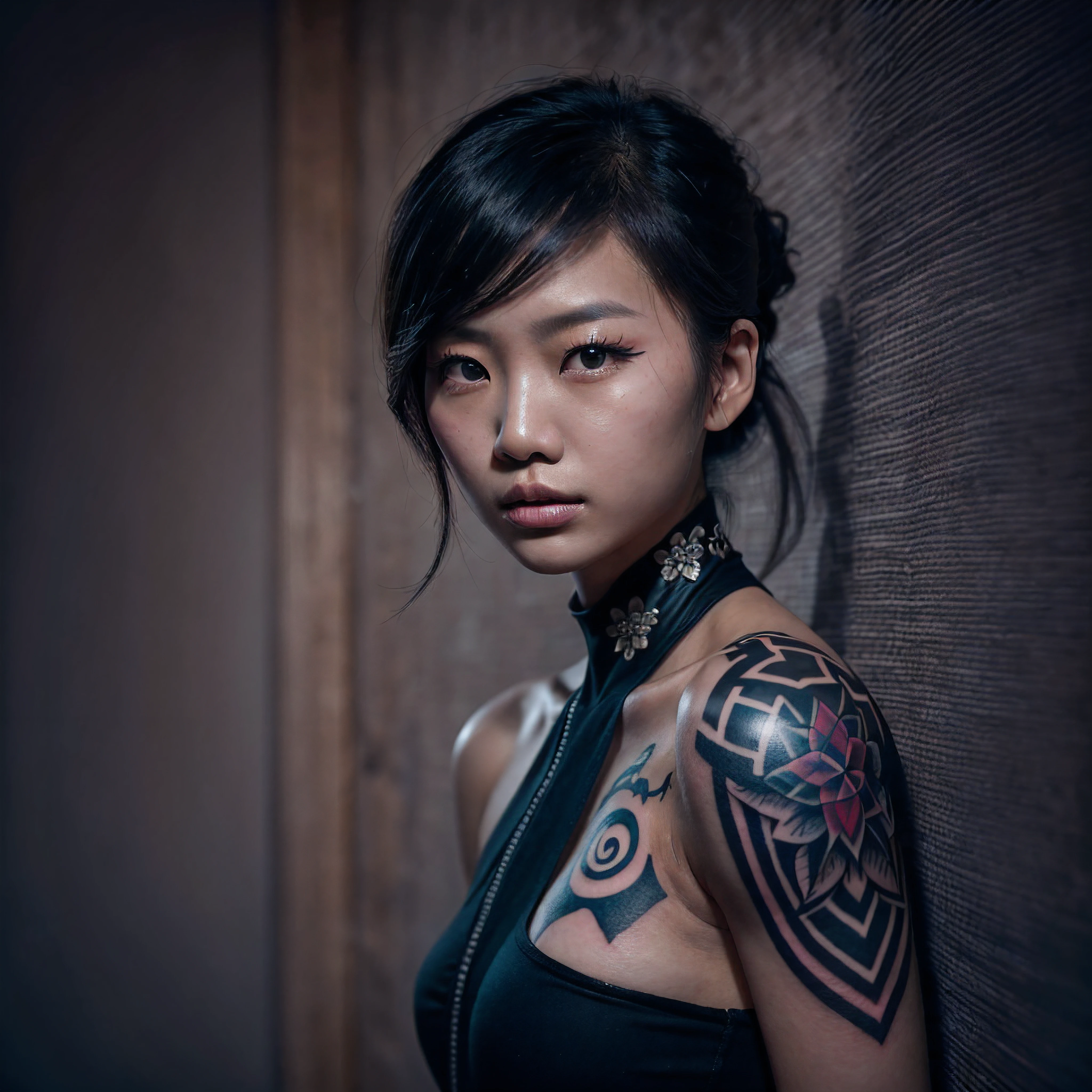 (intimate portrait, complex composition:1.3), (detailed and expressive eyes:1.6), (futuristic style), (An intimate portrait of an Asian woman showing her entire body covered with black geometric tattoos:1.3), (closed mouth:1.2), (authentic expression in her eyes: 1.2), wearing dark smoke eye makeup, the photograph captured in stunning 8k resolution and raw format to preserve the highest quality of details. she wears elegant futuristic clothing, (bare shoulders, small covered breasts:1.3), (her eyes are portrayed with meticulous attention to detail: 1.3), The photograph is taken with a lens that emphasizes the depth in her eyes, (wind billows around her), and the backdrop is a dark studio setting that enhances the colours of the scene. The lighting and shadows are expertly crafted to bring out the richness of her skin tone and the intense atmosphere. Her creative hair adds a touch of contrast against her skin, The overall composition captures her essence with authenticity and grace, creating a portrait that celebrates her heritage and beauty. Photography utilizing the best techniques for shadow and lighting, to create a mesmerizing portrayal that transcends the visual, slightly tilted head,