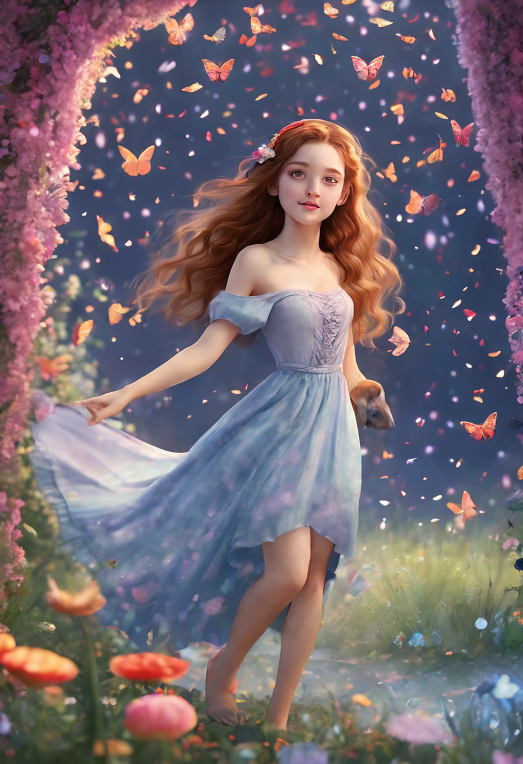 1girl, solo, full body, (masterpiece:1.21), (best quality:1.2), colorful, (illustration:1.2), (cinematic lighting:1.1), (bare shoulders:1.21), (collarbone:1.21)
In this whimsical and fantastical garden, the scene is illuminated by a rainbow of (colorful fireflies), dancing and fluttering in the air. The garden is decorated by a gentle (drizzle), creating a misty and ethereal atmosphere. In the center of the scene, there is a single girl, an extremely delicate and beautiful girl, with cute features and an innocent expression. Her long hair is flowing with the wind. She is wearing no shoulder straps dress, which is ultra low cut, highlighting her delicate curves.

The lighting is very delicate and beautiful, creating a soft and warm glow that highlights the water, making it sparkle like diamonds. The finest grass is also illuminated, creating a lush and verdant carpet. The garden is surrounded by colorful flower fields, with blooms of every color and shape. (Colorful butterflies), of every shade and size, can be seen fluttering around the scene, adding to the overall sense of wonder and magic. (look ai viewer),A blush can be seen on her nose, and her mouth is slightly open, adding to the overall sense of innocence and youthfulness. Falling petals can be seen floating around her, adding to the overall sense of romance and beauty. A gentle wind is blowing through the scene, making the leaves rustle and the flowers sway, adding to the overall sense of movement and life. This is a scene of pure wonder and magic, filled with color and beauty, where the viewer can lose themselves in the enchanting and captivating world.