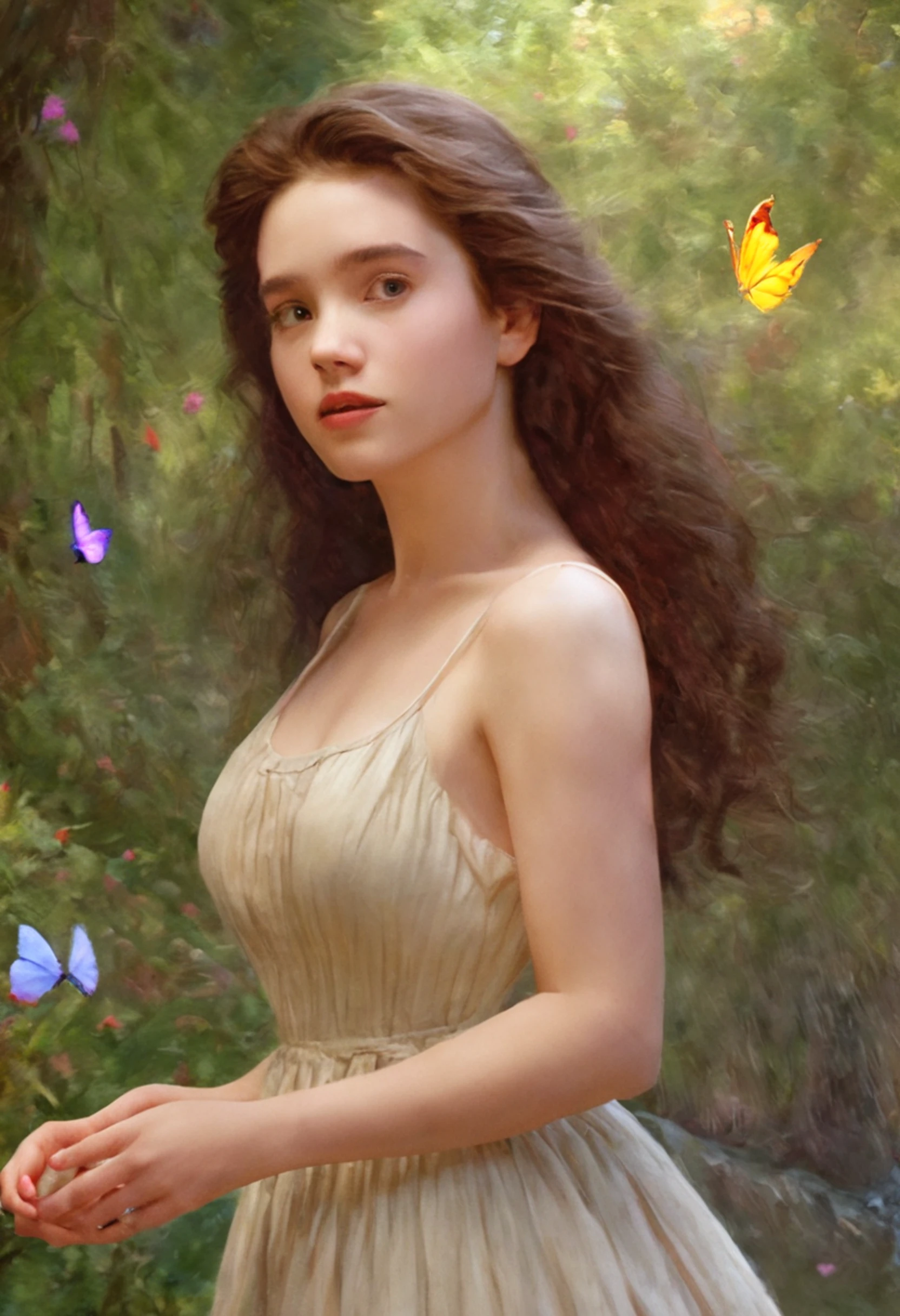 1girl, solo, full body, (masterpiece:1.21), (best quality:1.2), colorful, (illustration:1.2), (cinematic lighting:1.1), (bare shoulders:1.21), (collarbone:1.21)
In this whimsical and fantastical garden, the scene is illuminated by a rainbow of (colorful fireflies), dancing and fluttering in the air. The garden is decorated by a gentle (drizzle), creating a misty and ethereal atmosphere. In the center of the scene, there is a single girl, an extremely delicate and beautiful girl, with cute features and an innocent expression. Her long hair is flowing with the wind. She is wearing no shoulder straps dress, which is ultra low cut, highlighting her delicate curves.

The lighting is very delicate and beautiful, creating a soft and warm glow that highlights the water, making it sparkle like diamonds. The finest grass is also illuminated, creating a lush and verdant carpet. The garden is surrounded by colorful flower fields, with blooms of every color and shape. (Colorful butterflies), of every shade and size, can be seen fluttering around the scene, adding to the overall sense of wonder and magic. (look ai viewer),A blush can be seen on her nose, and her mouth is slightly open, adding to the overall sense of innocence and youthfulness. Falling petals can be seen floating around her, adding to the overall sense of romance and beauty. A gentle wind is blowing through the scene, making the leaves rustle and the flowers sway, adding to the overall sense of movement and life. This is a scene of pure wonder and magic, filled with color and beauty, where the viewer can lose themselves in the enchanting and captivating world.