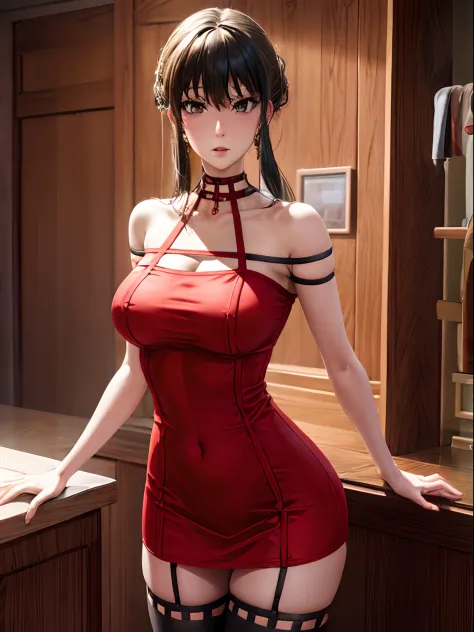 1 woman, stand alone, at home, red short dress without collar and shoulders, thigh stockings, detailed body, detailed eyes, cowb...