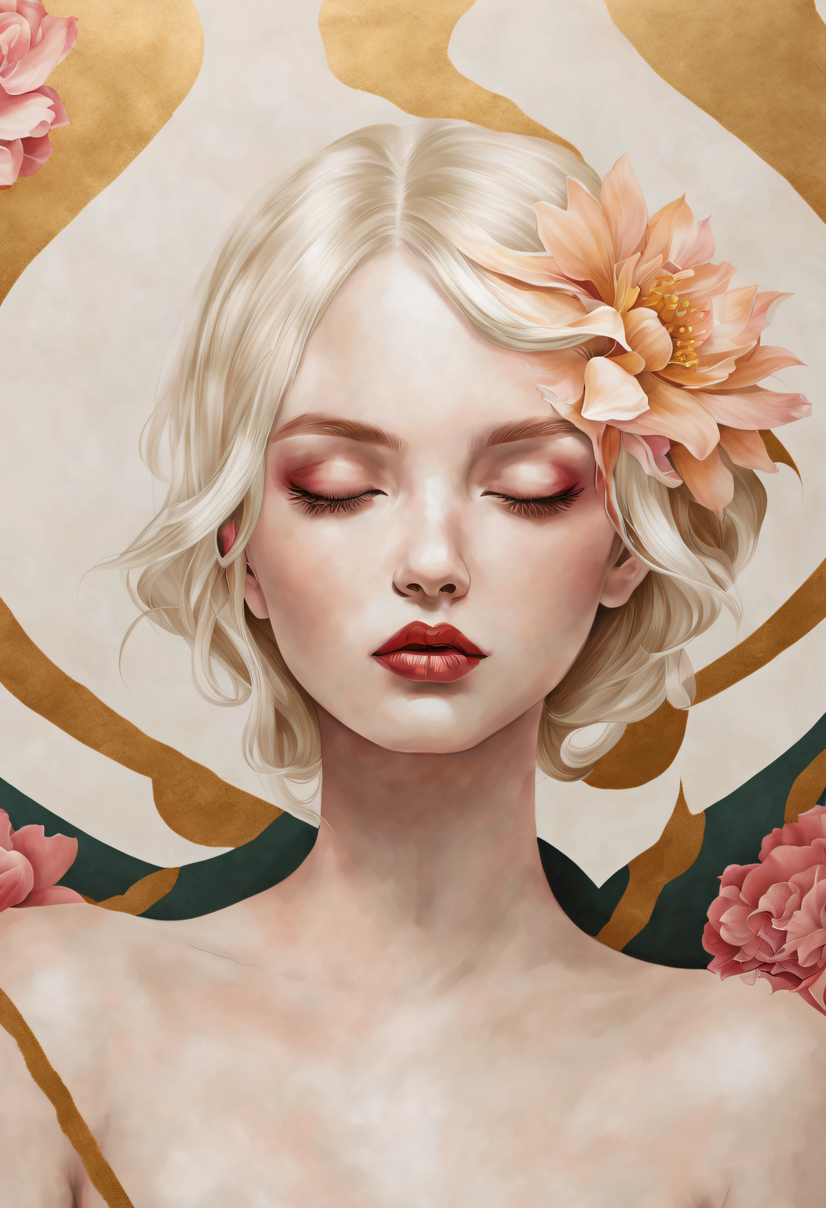 chiaroscuro technique on sensual illustration of an elegant , retro and vintage ,silky flower around body, matte painting, by Hannah Dale, by Harumi Hironaka, extremely soft colors, vibrant, pastel, highly detailed, digital artwork, high contrast, dramatic, refined, tonal, golden ratio