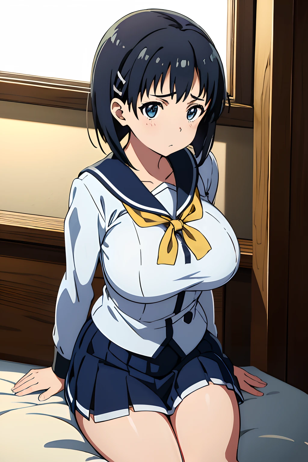 huge , Naoha Kirigaya(sword art online), 1girl, bob hair, hairclip, ​masterpiece、top-quality、white sailor 、huge tit、A sexy、school、dynamic angle, view at camera