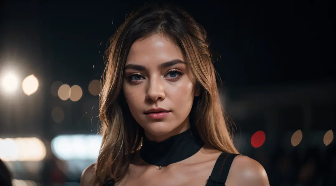 cinematic photography professional photography, create an image of a beautiful young woman of 26 years old, dark green eyes, blonde hair, standing, frontal pose, dressed in a black dress, headshot n-4 f1.8 hd wallpaper photography trend on instagram Award-...