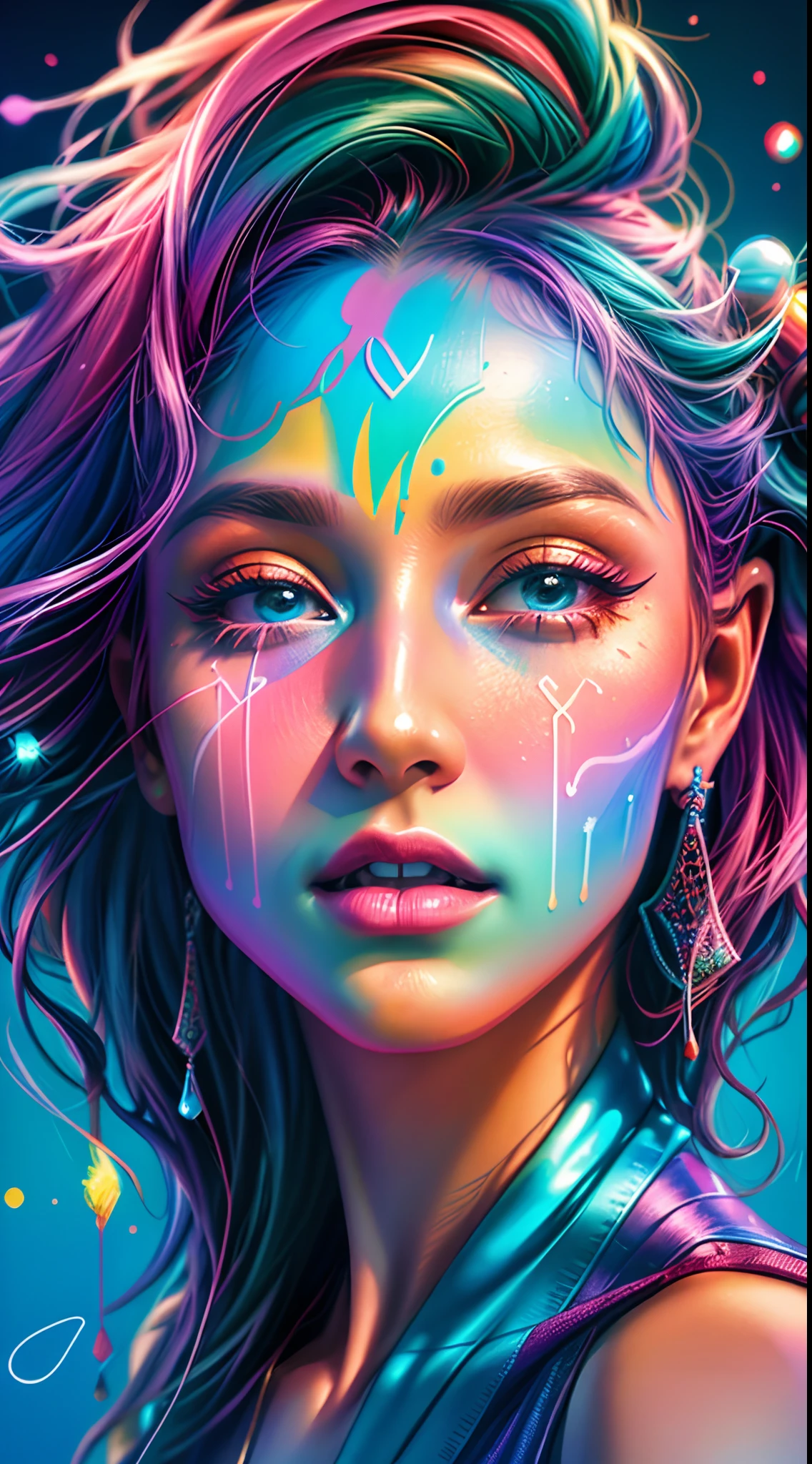 uma mulher com maquiagem colorida e arte de maquiagem, cores vibrantes hiper realismo, Pintura digital vibrante, cores realistas vibrantes, Bela arte UHD 4K, arte colorida, Arte digital 4K realista, Arte digital 4K realista, pintura digital colorida, gotejamento com cor, arte de fantasia digital colorida, full-colour illustration, arte digital colorida, RossDraw pastel vibrante, Arte Digital 4K