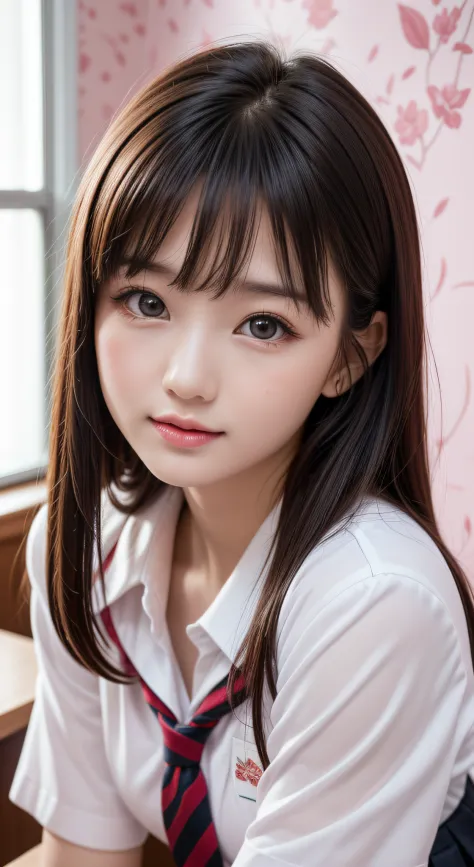 (1girl), Amazing face and eyes, (big round eyes:1.15), (extremely detailed beautiful face), (school uniform, pleated mini skirt:1.3), (school uniform with open breasts:1.2), (Best Quality:1.4), (Ultra-detailed), (Ultra realistic, photo-realistic:1.37), bea...