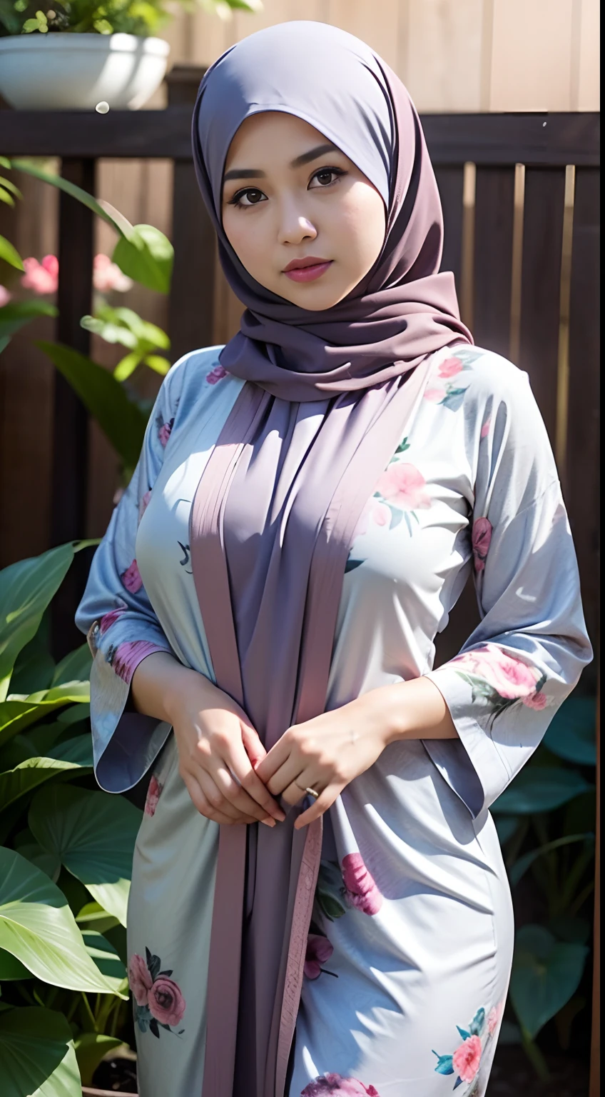 1 Malay Girl, Modern Plain Hijab, Shy, Medium Portrait, Watery Eyes, Seductive, sad face. lustful face, Mole Under the Eye, Wearing a kimono Dress with a Big Floral Pattern, Full Body Photo, Big Breasts, Looking at the Viewer, Facing the camera, flower garden background, bokeh, proportional body,