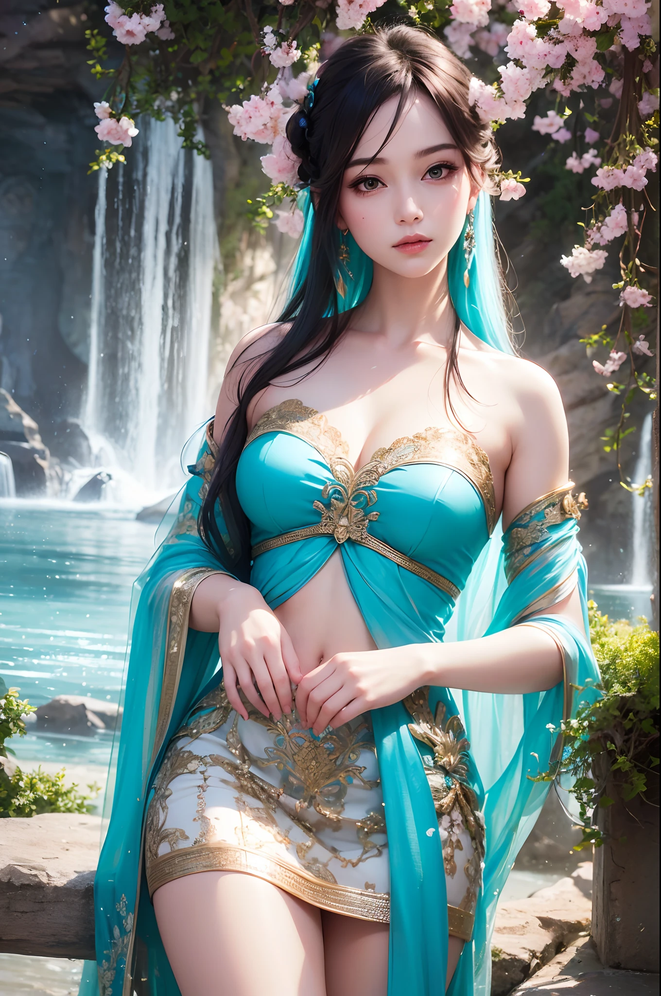 Absolute beauty, Jade Beauty, Face of the Goddess, Heroine Xianxia, Lots of silk, (Best Quality,4k,8K,hight resolution,Masterpiece:1.2),Ultra-detailed,(Realistic,Photorealistic,photo-realistic:1.37), HDR, UHD, studio lightning, ultra-fine painting, sharp-focus, physical based rendering, extreme detail description, Professional, Vivid colors, bokeh, portrai, landscape, Horror, the anime, Sci-Fi, photografic, Concept Artists, bright colours, soft pastels, Gentle light, ethereal ambiance, Tranquil environment, flowing water, blooming flowers, Intricate Patterns, intricate hairstyle, Delicate jewelry, flowing clothes, Elegant posture, serene expression, radiant & Glowy skin, Long and delicate limbs, Mesmerizing eyes, gentle smile, fine makeup, Enchanting background, Mystical creatures, Dynamic action, Supernatural forces, Dazzling Effects.