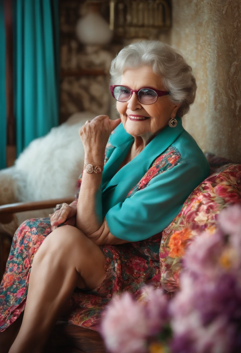 An older woman sitting on a couch with a flowered dress - SeaArt AI