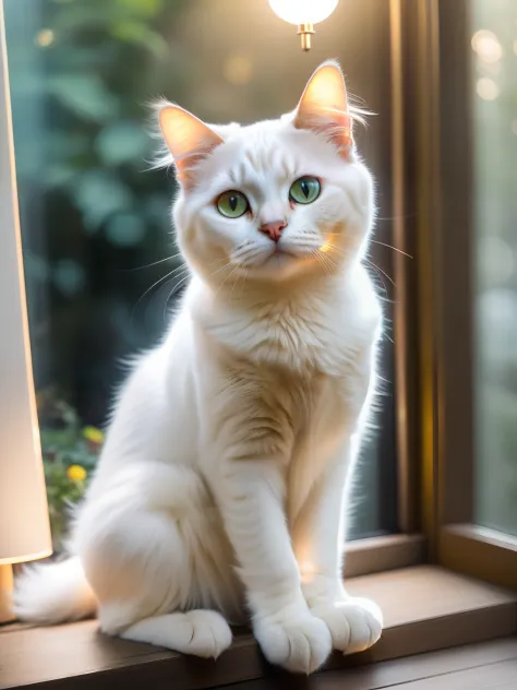 Close-up photo of a very cute pure white cat in the garden, Soft volumetric lamp, (The light from the back window is backlighted:1.3), (Cinematic:1.2), Intricate details, (art  stations:1.3), rootkowski