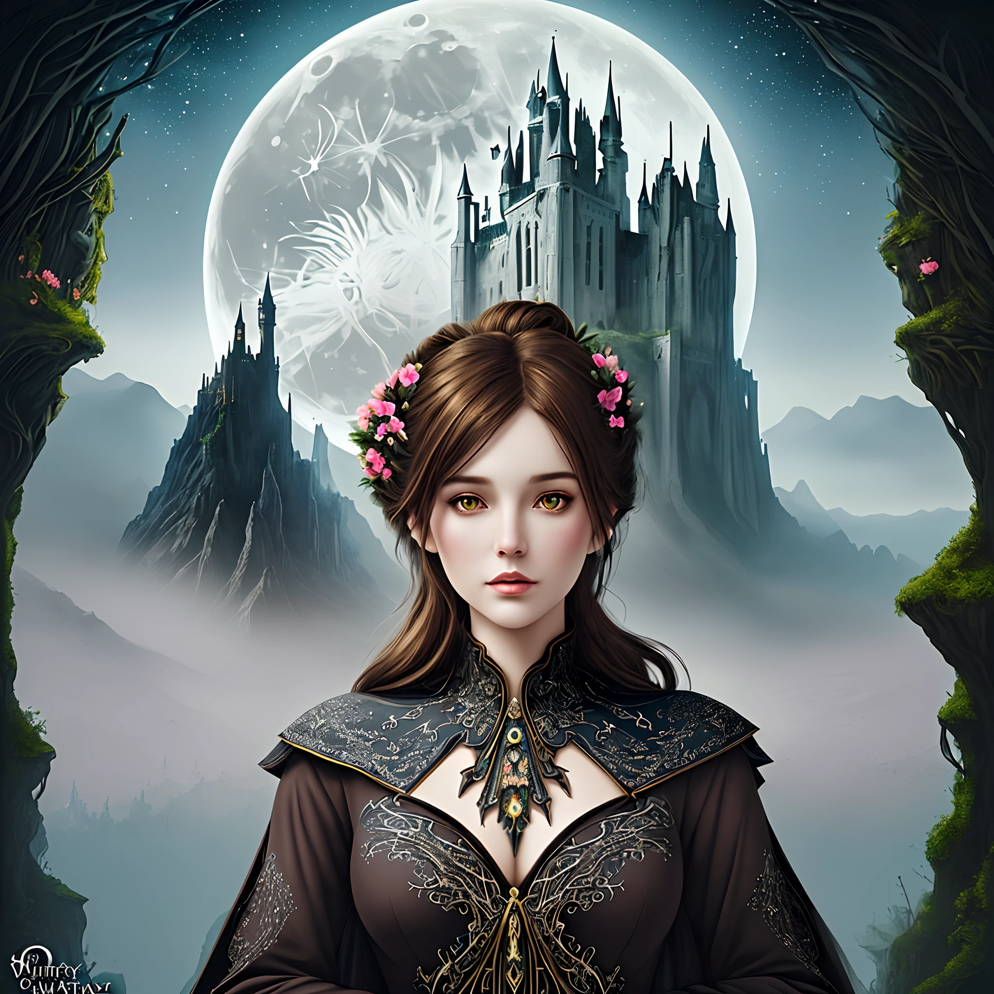 (masterpiece),(best quality), gorgeous 25 year old woman, illustration, (fantasy:1.4), witch, cute detailed digital art, beautiful face, brown hair, hair up, castle, mountain, dark color long dress, a moon, flowers , paper_cut