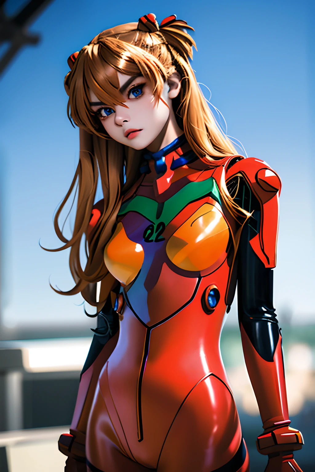 (masterpiece, The best quality), 1girl, Beautiful face,  Asuka cosplay costume, cosplay, plug suit, bodysuit, hair ornament,