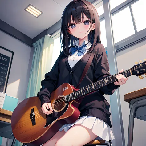 girl with、1 persons、Dark hair、Black eyes、length hair、A smile、Pupils、校服、Cardigan、‎Classroom、Play the guitar