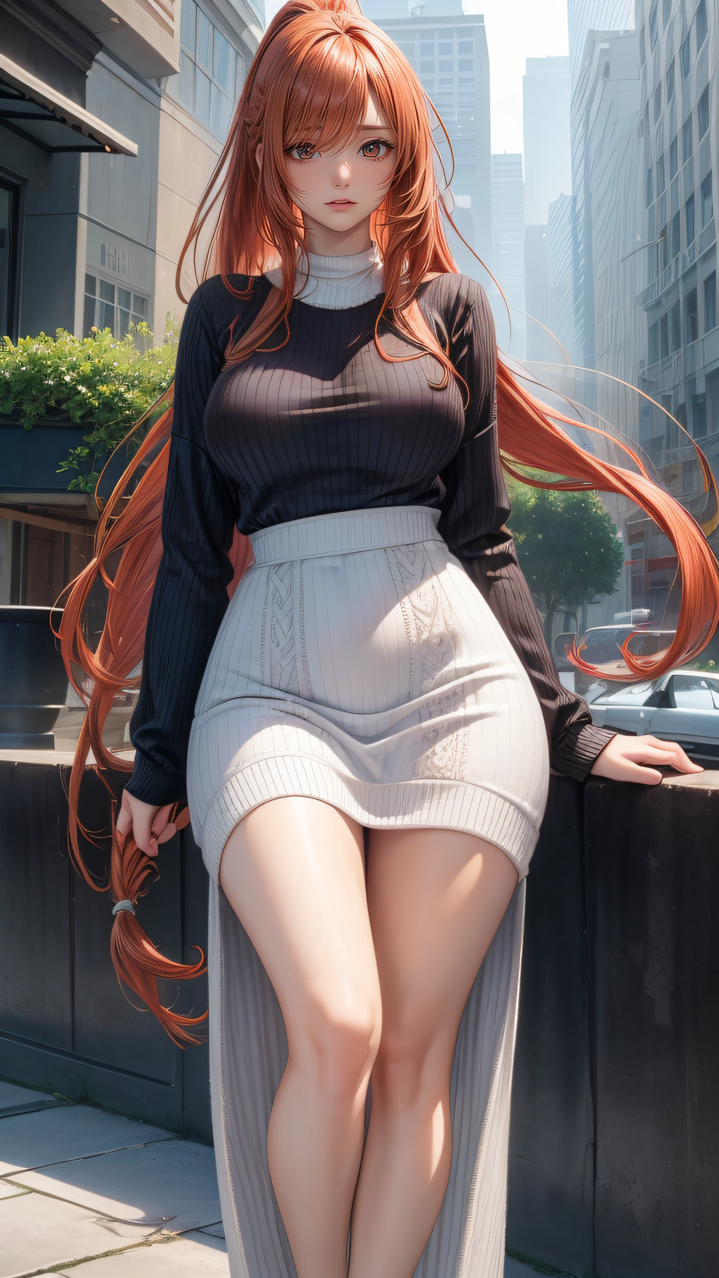 A woman with long red hair is posing in a skirt - SeaArt AI