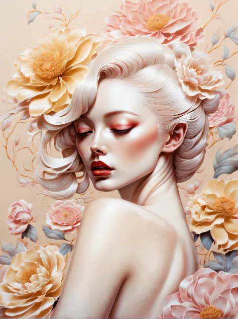 chiaroscuro technique on sensual illustration of an elegant , retro and vintage ,silky flower around body, matte painting, by Hannah Dale, by Harumi Hironaka, extremely soft colors, vibrant, pastel, highly detailed, digital artwork, high contrast, dramatic...