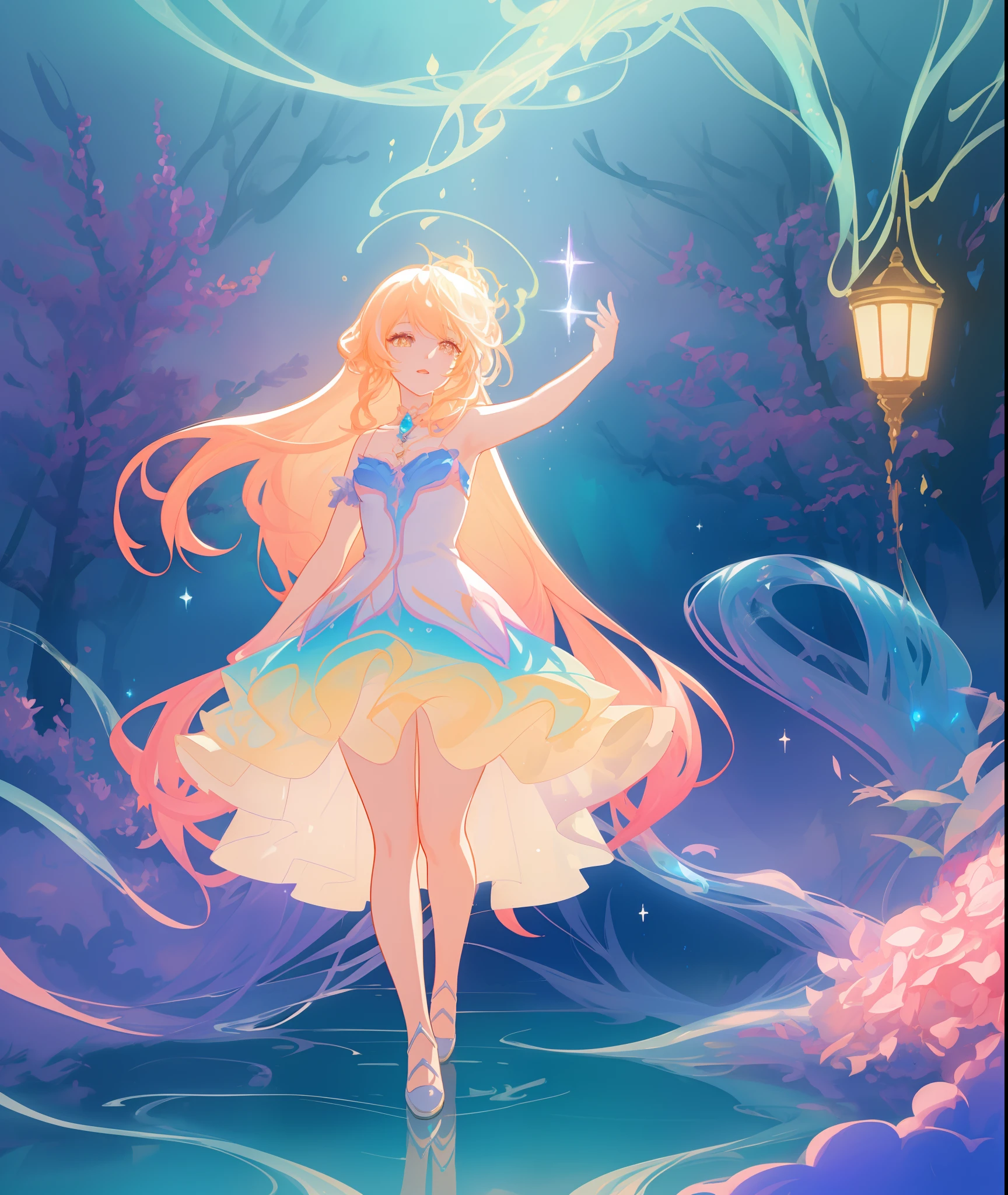 beautiful girl, puffy tiered ballgown, otherworldly forest landscape, vibrant pastel colors, (colorful), glowing golden long hair, magical lights, sparkling magical liquid, inspired by Glen Keane, inspired by Lois van Baarle, disney art style, by Lois van Baarle, glowing aura around her, by Glen Keane, jen bartel, glowing lights! digital painting, flowing glowing hair, glowing flowing hair, beautiful digital illustration, fantasia background, whimsical, magical, fantasy, ((beautiful face)), ((masterpiece, best quality)), intricate details, highly detailed, sharp focus, 8k resolution, sparkling detailed eyes, liquid watercolor