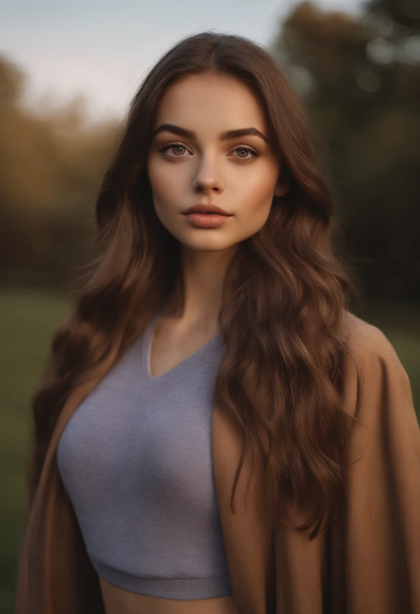 A woman with long brown hair wearing a blue top and brown coat - SeaArt AI